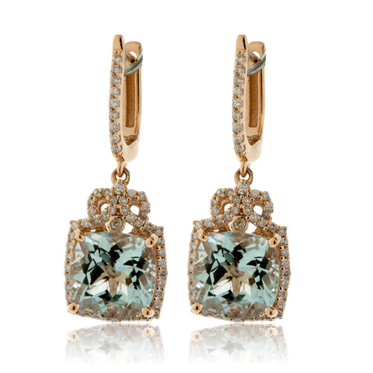 Cushion Shaped Aquamarine Drop Diamond Halo Earrings - Park City Jewelers