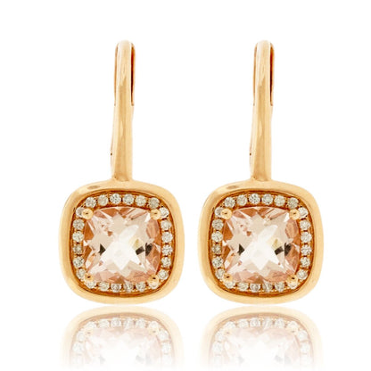 Cushion Shaped Morganite and Diamond Drop Earrings - Park City Jewelers