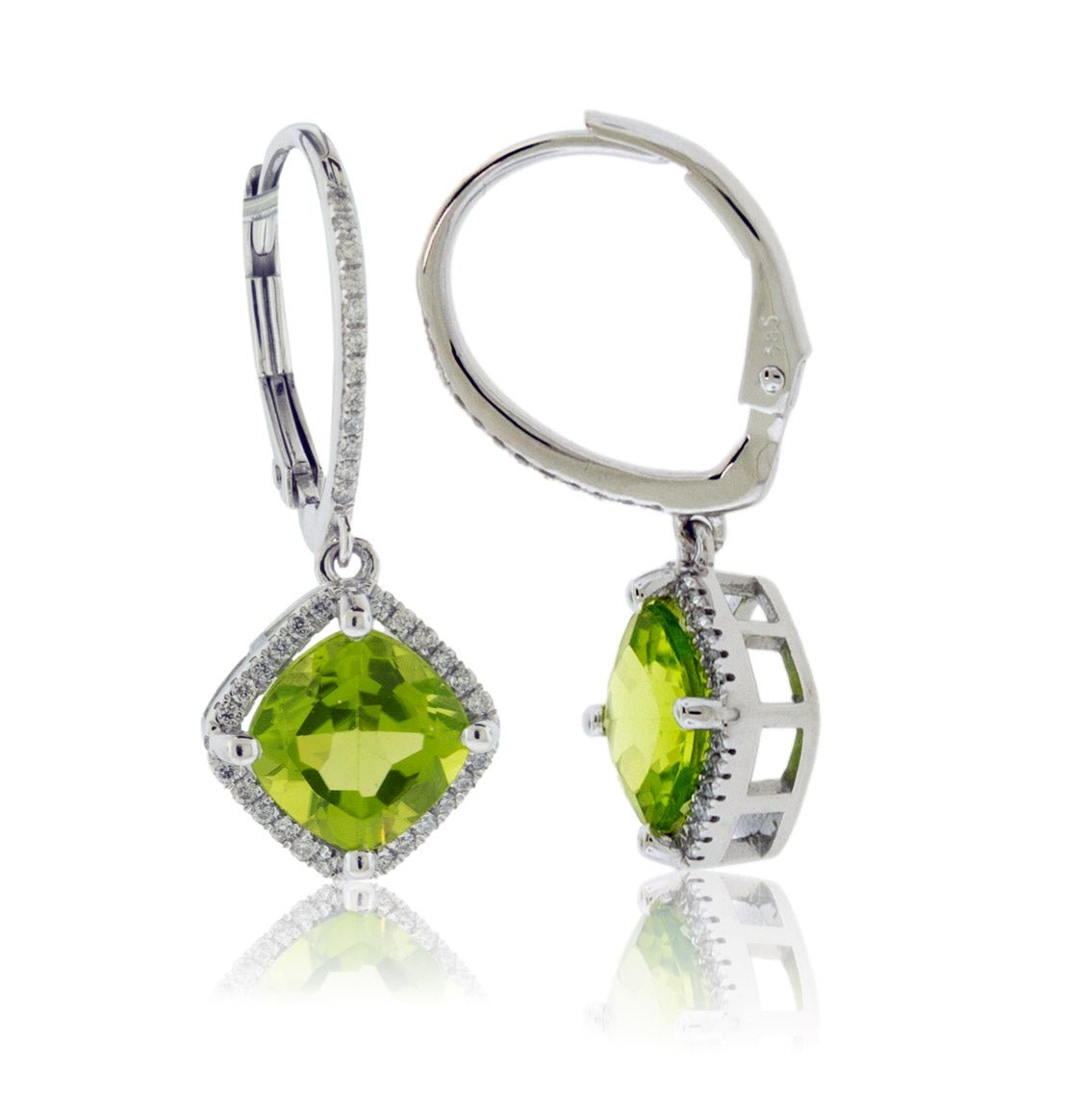 Cushion Shaped Peridot and Diamond Halo Drop Earrings - Park City Jewelers