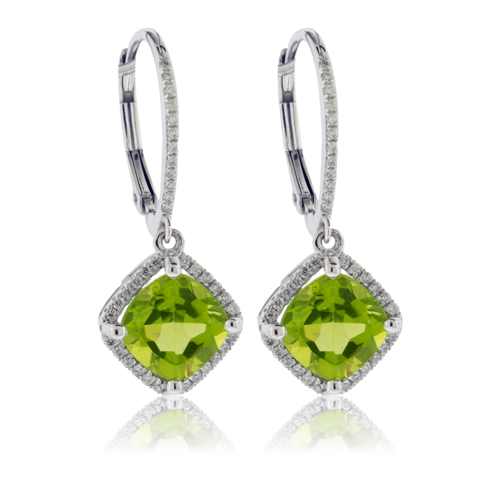 Cushion Shaped Peridot and Diamond Halo Drop Earrings - Park City Jewelers