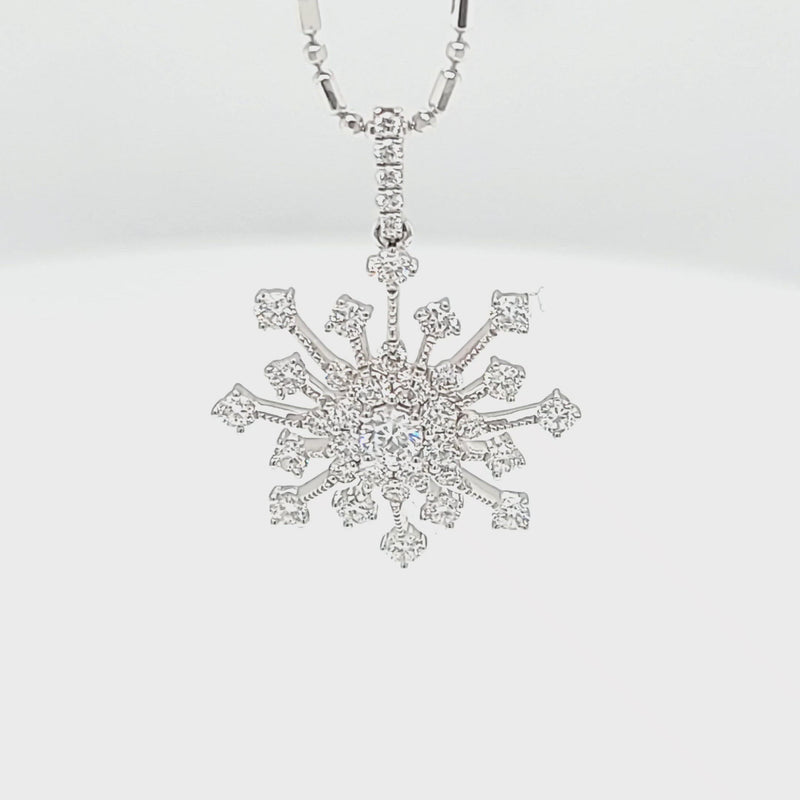 18K White Gold 1.00 Carat Diamond Snowflake Pendant with Chain