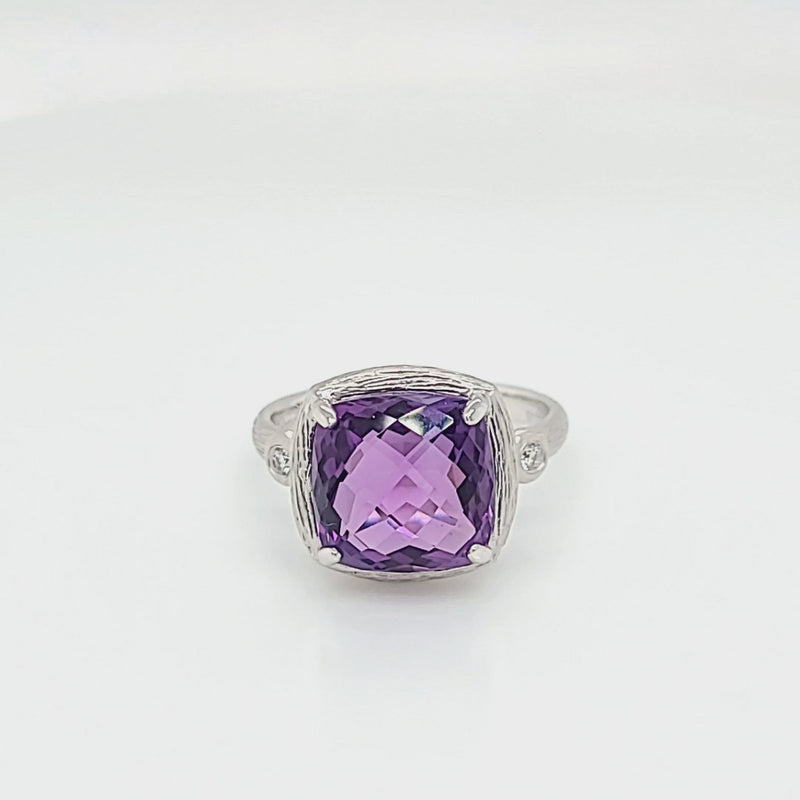 Textured White Gold and Checkerboard Amethyst Ring with Diamond Accents