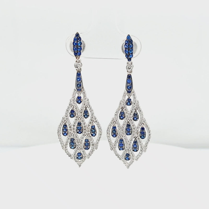 Blue Sapphire with Black Rhodium & Diamond Dangle Earrings