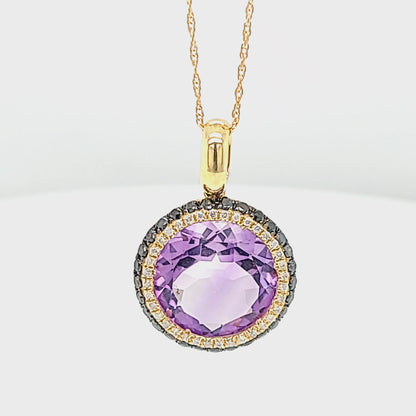 Round Amethyst & Diamond & Black Diamond Halo Pendant