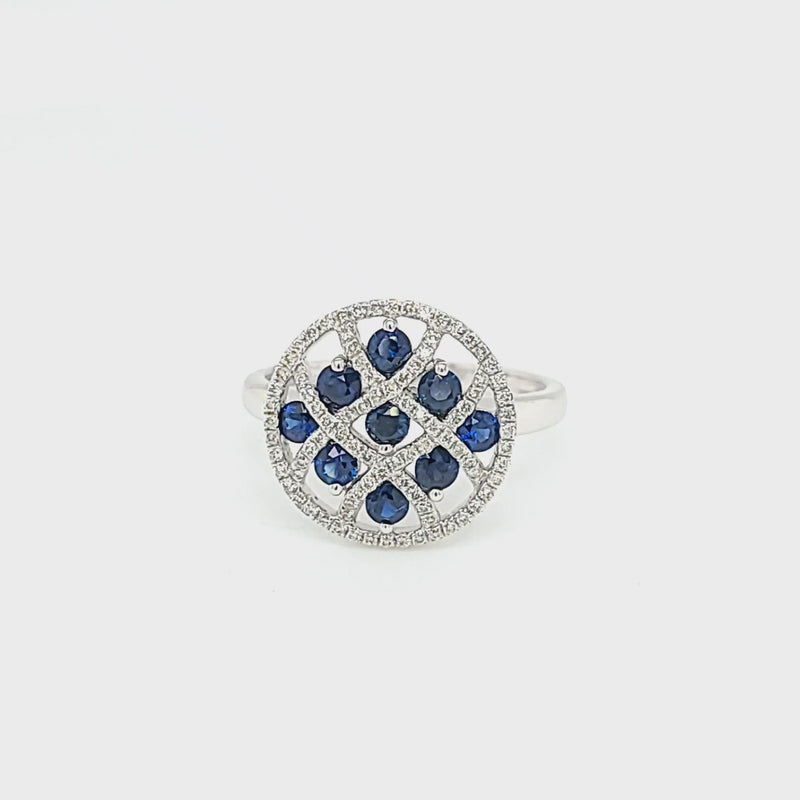 Blue Sapphire & Diamond Lattice Style Circle Ring