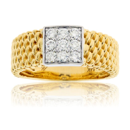 Diamond Cluster & Gold Bubble Braid Texture Band - Park City Jewelers