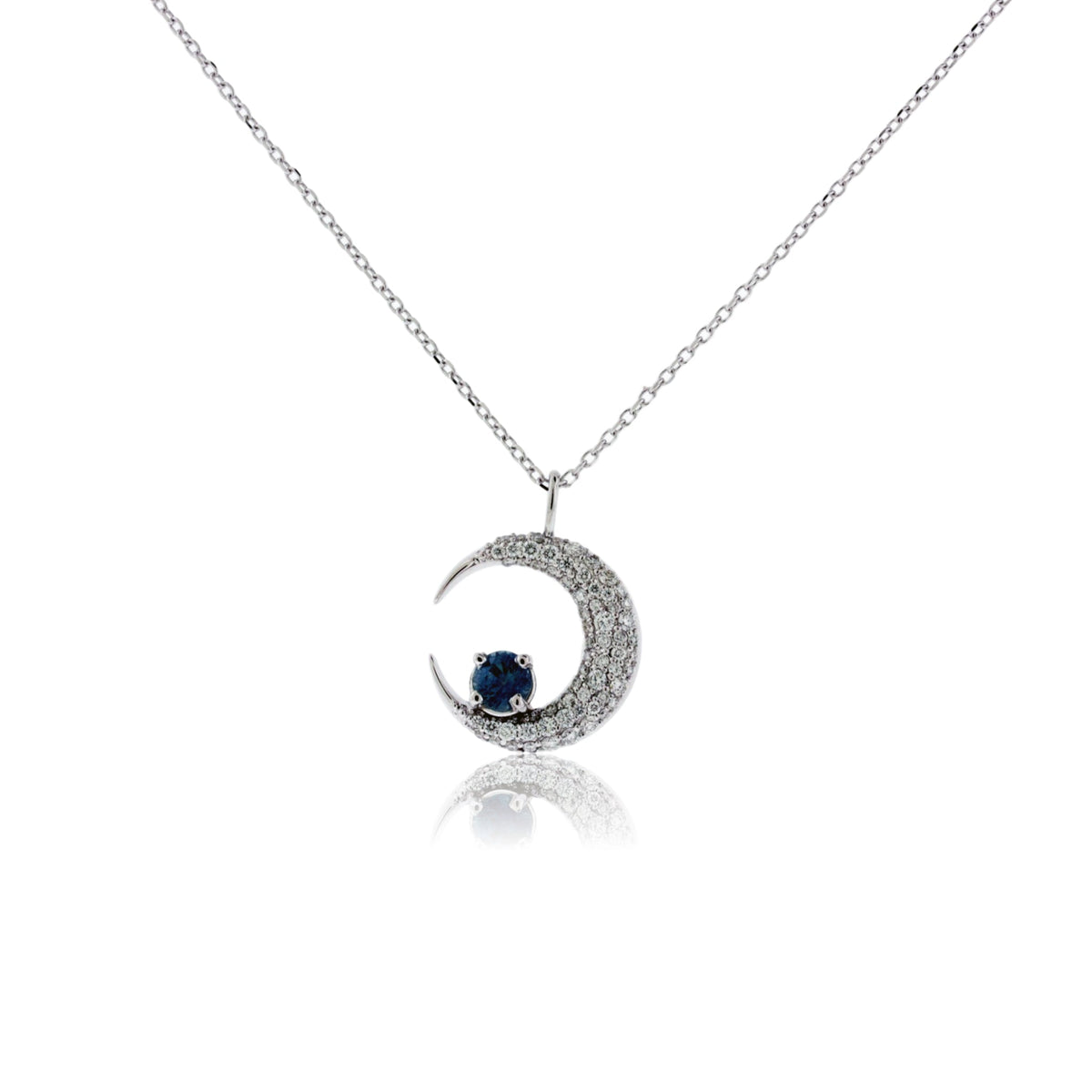 Diamond Crescent Moon Pendant with Blue Sapphire Accent - Park City Jewelers