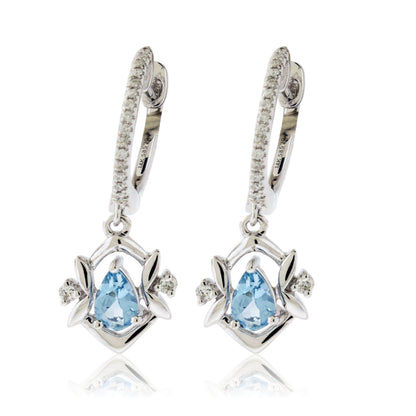 Diamond Hoop & Aquamarine Dangle Drop Earrings - Park City Jewelers