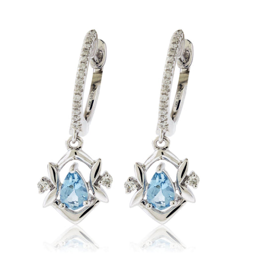 Diamond Hoop & Aquamarine Dangle Drop Earrings - Park City Jewelers