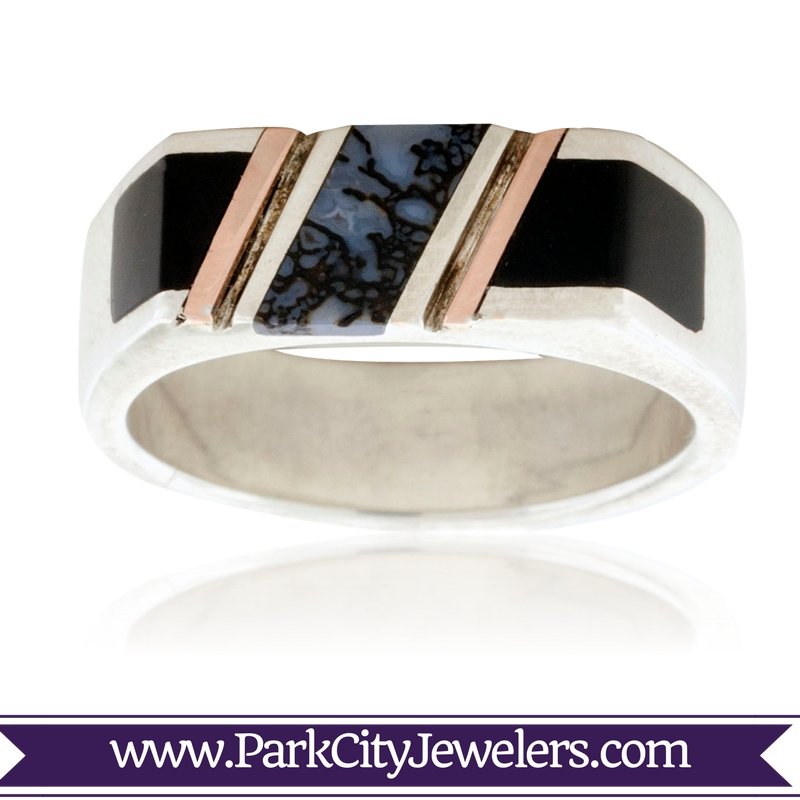 Dinosaur Bone and Onyx Inlay Ring - Park City Jewelers
