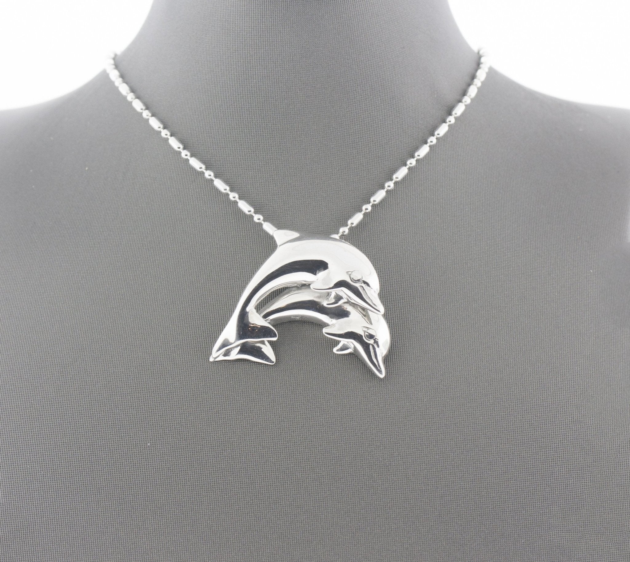Double Jumping Dolphin Silver Necklace