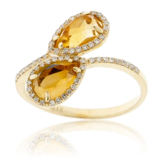 Double Pear Shaped Citrine and Diamond Bypass Ring - Park City Jewelers