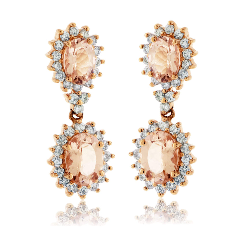 Double Pink Morganite Oval and Diamond Classic Halo Earrings - Park City Jewelers