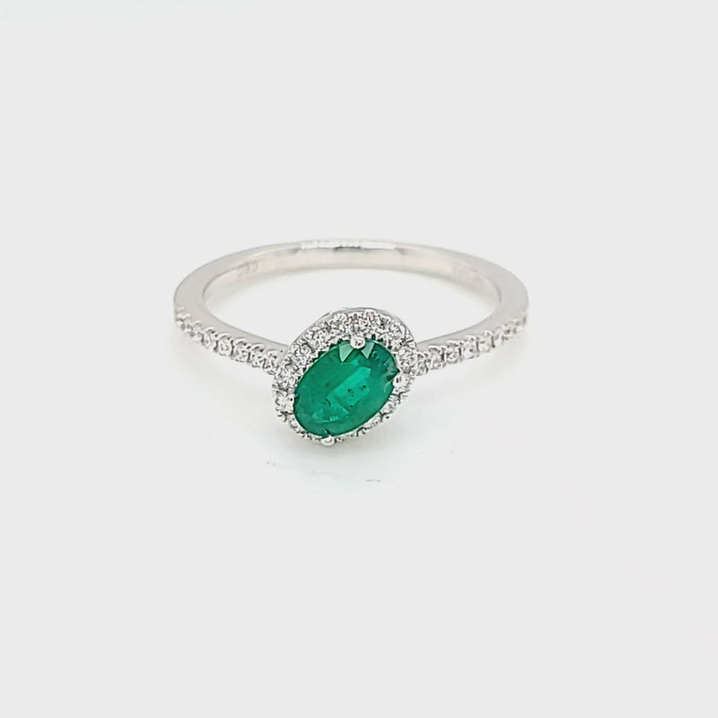 Tilted Oval Green Emerald & Diamond Halo Style Gold Ring