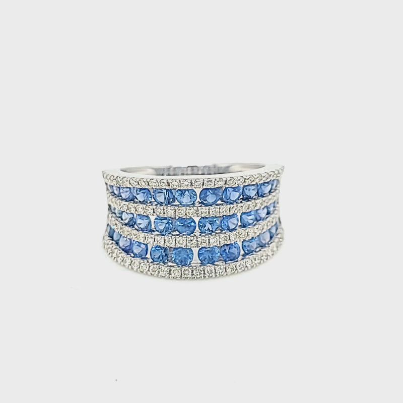Blue Sapphire & Diamond Alternating Rows Ring
