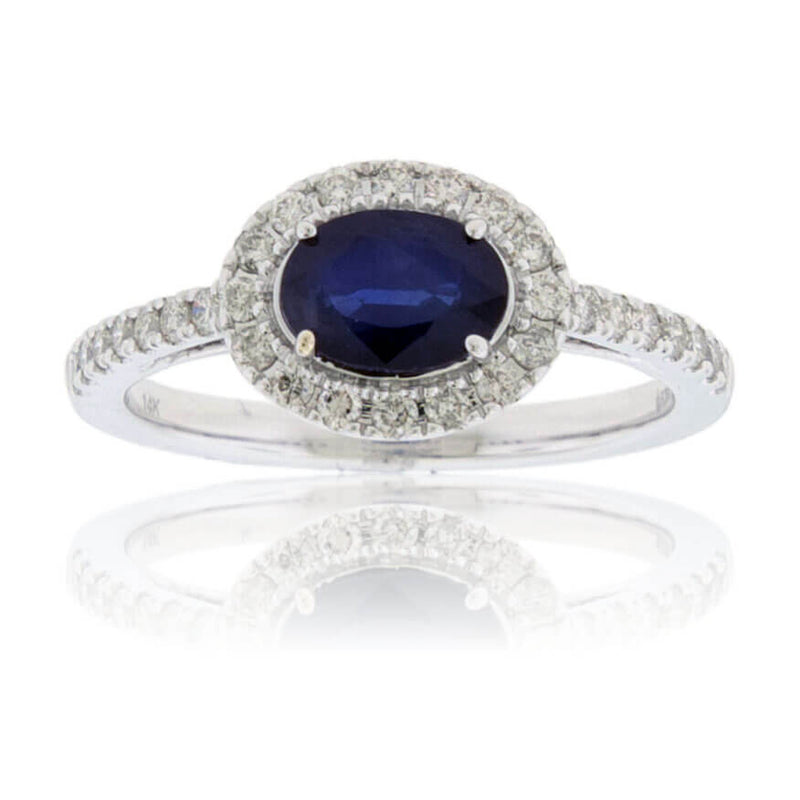 East / West Oval Blue Sapphire & Diamond Halo Ring - Park City Jewelers