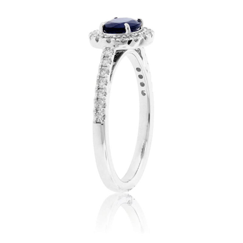 East / West Oval Blue Sapphire & Diamond Halo Ring - Park City Jewelers