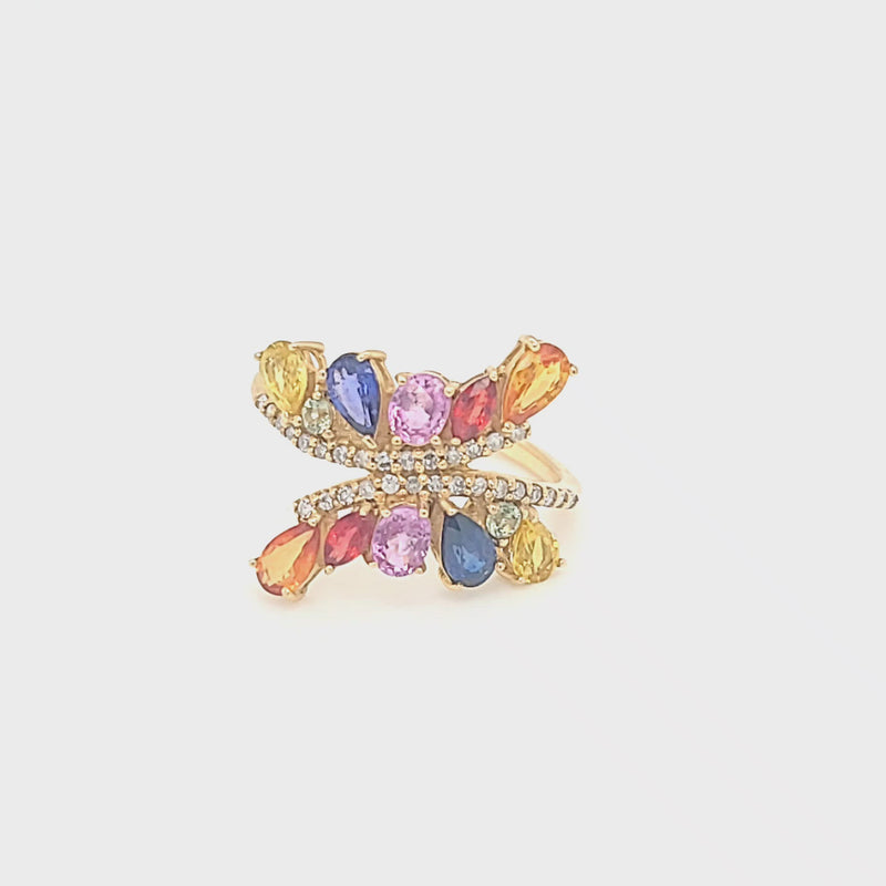 Pear Rainbow Sapphire & Diamond Butterflly Wing Style Ring