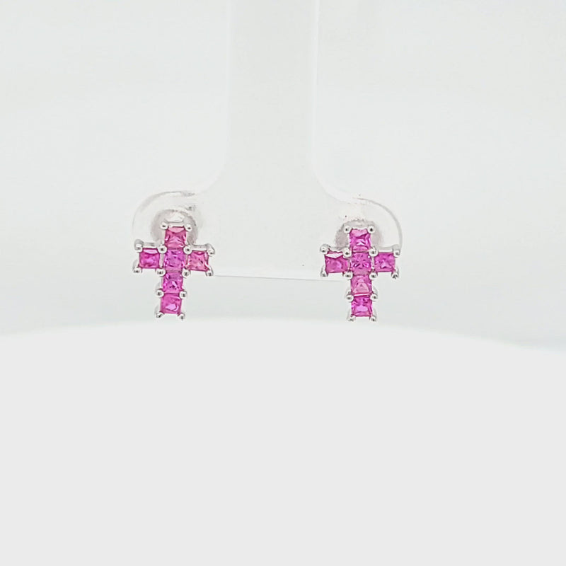 Pink Sapphire Cross Style Stud Earrings