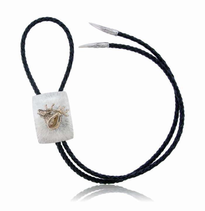 Elk Head with Elk Ivory Leather Bolo Tie - Park City Jewelers