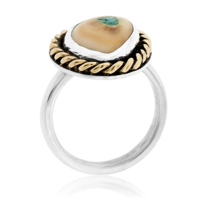 Elk Ivory Tooth Trophy Braided Ring with Turquoise Inlay - Park City Jewelers