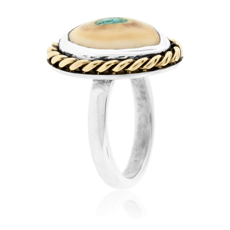 Elk Ivory Tooth Trophy Braided Ring with Turquoise Inlay - Park City Jewelers