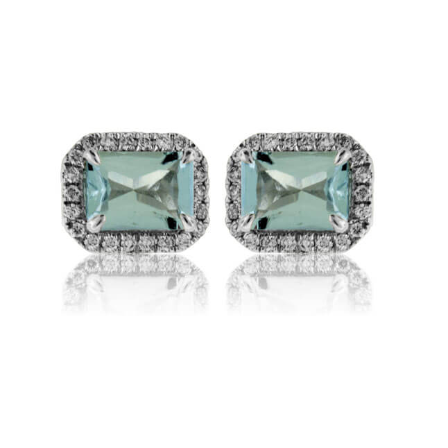 Emerald-Cut Aquamarine and Diamond Halo Stud Earrings - Park City Jewelers