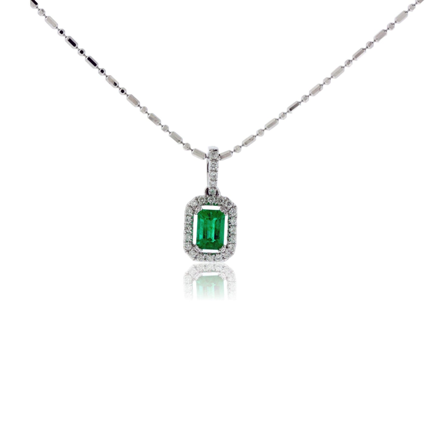 Emerald-Cut Emerald and Diamond Halo Pendant - Park City Jewelers