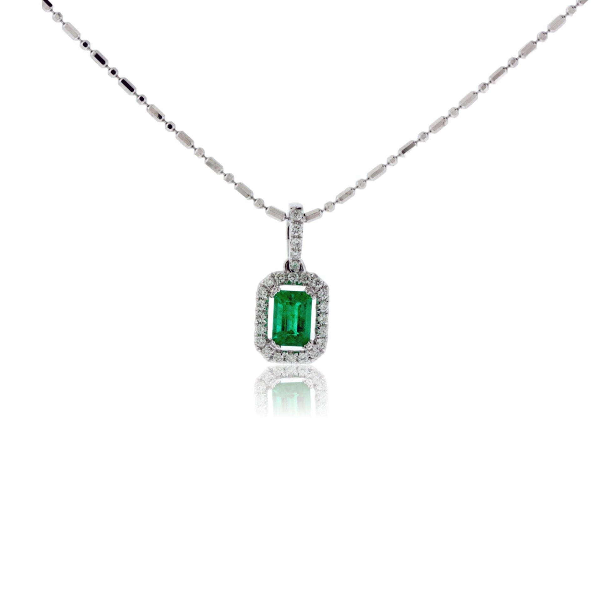 Emerald-Cut Emerald and Diamond Halo Pendant - Park City Jewelers
