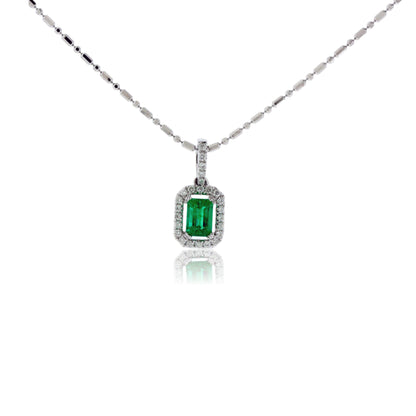 Emerald-Cut Emerald and Diamond Halo Pendant - Park City Jewelers