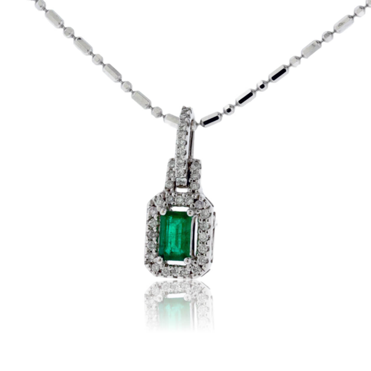 Emerald-Cut Emerald and Diamond Halo Pendant - Park City Jewelers