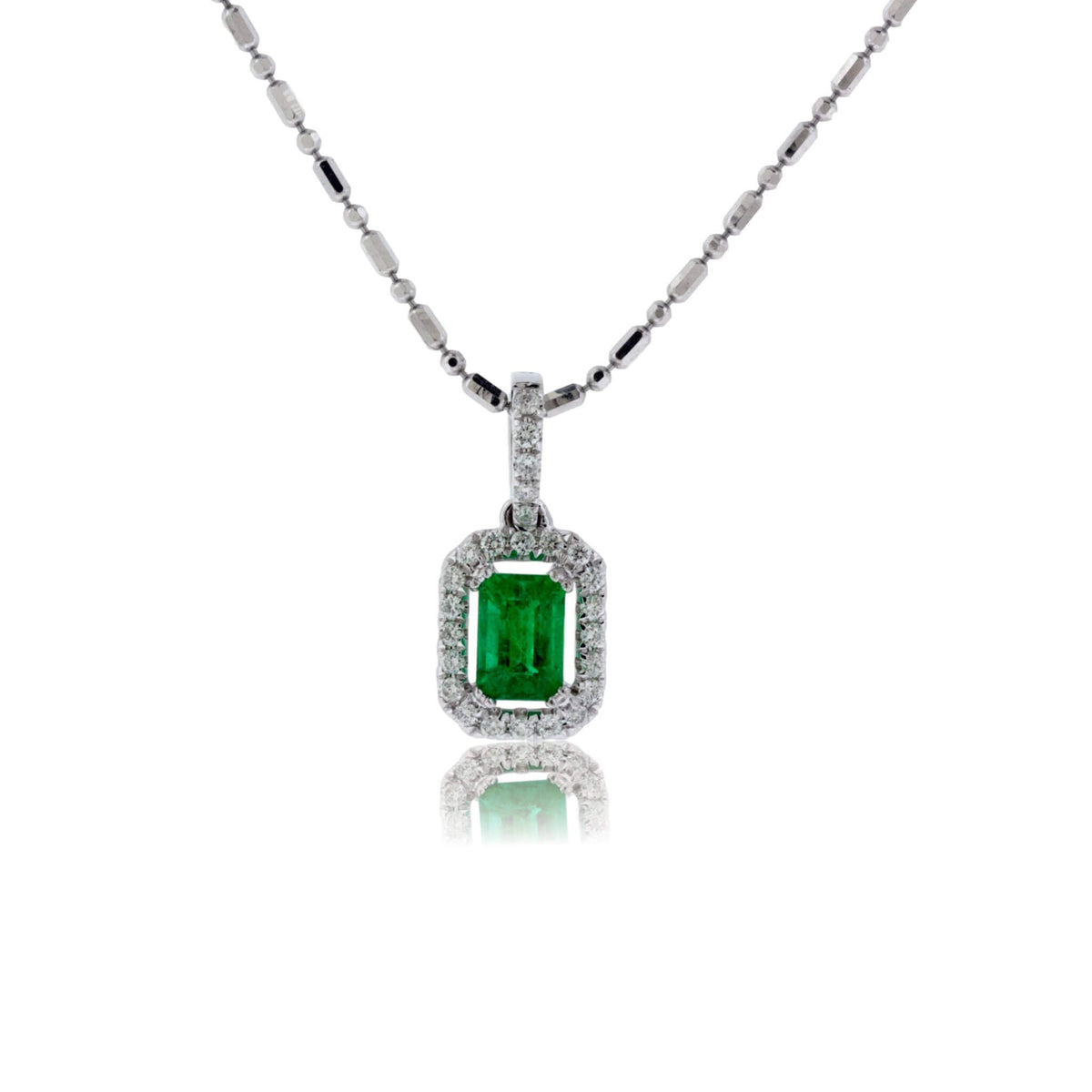 Emerald-Cut Emerald and Diamond Halo Pendant - Park City Jewelers