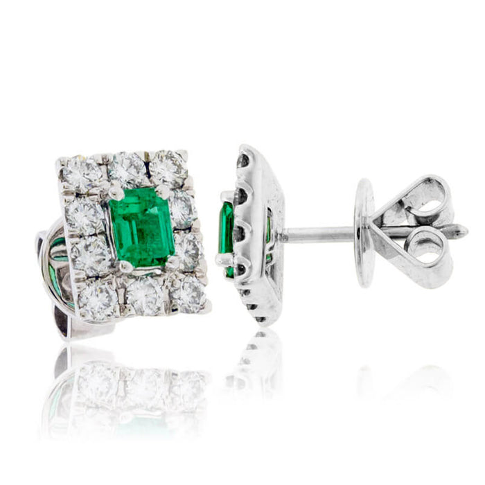Emerald-Cut Emerald and Diamond Halo Square Stud Earrings - Park City Jewelers