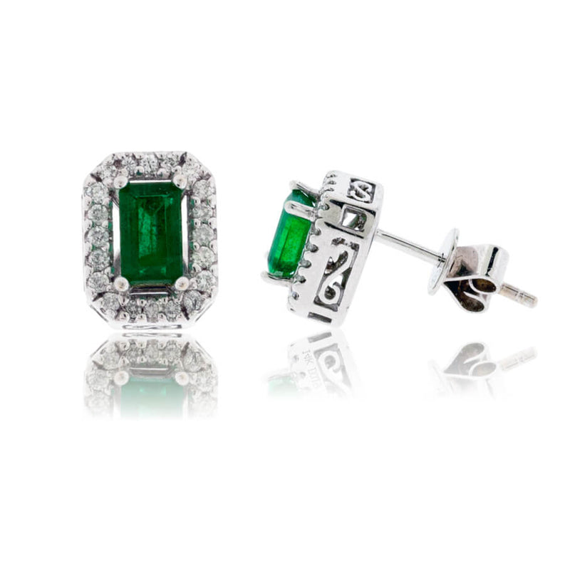 Emerald-Cut Emerald & Diamond Halo Stud Earrings - Park City Jewelers