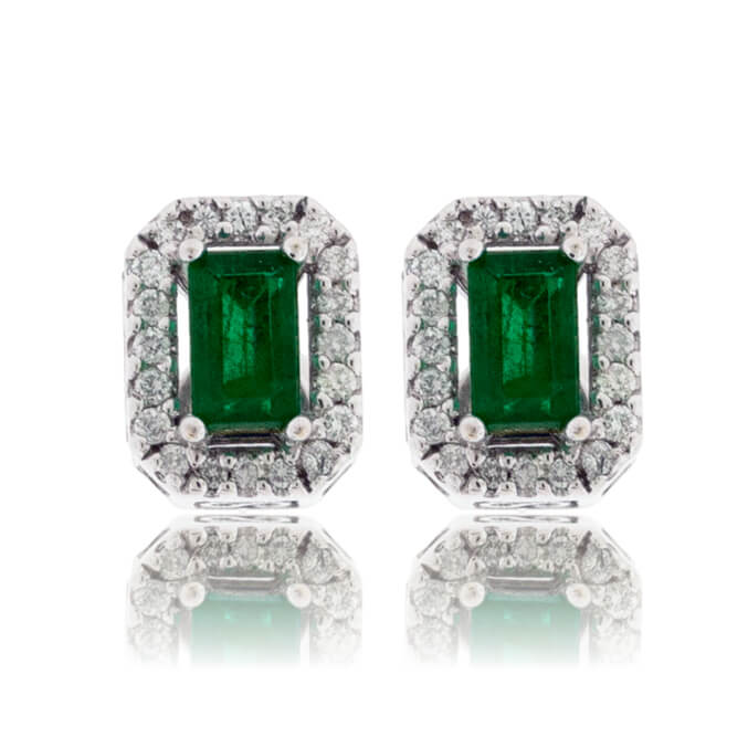 Emerald-Cut Emerald & Diamond Halo Stud Earrings - Park City Jewelers