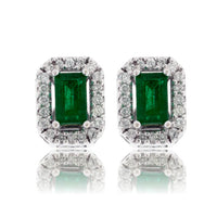 Emerald-Cut Emerald & Diamond Halo Stud Earrings - Park City Jewelers