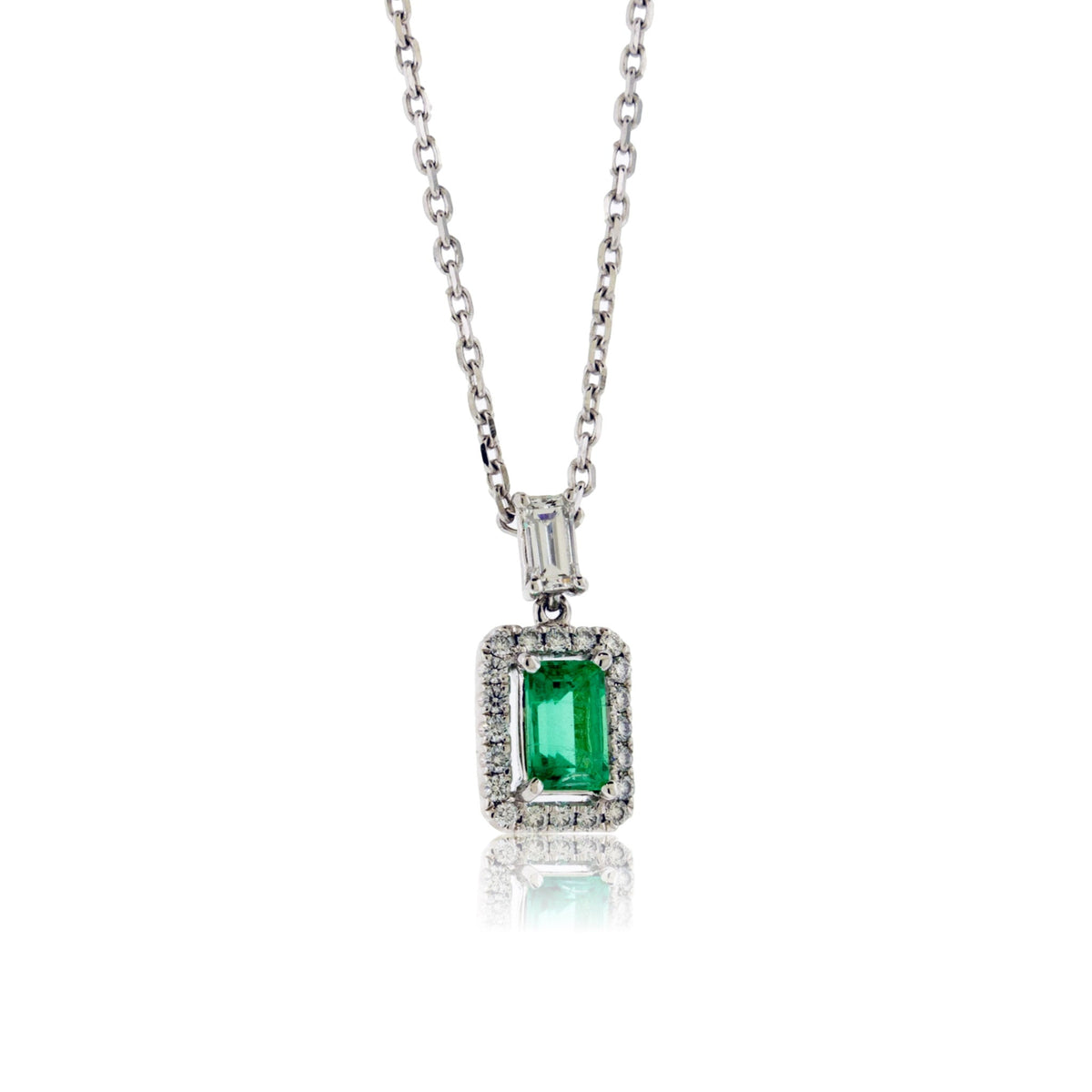 Emerald-Cut Emerald Pendant with Diamond Halo - Park City Jewelers