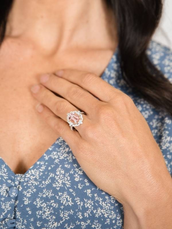 Emerald-Cut Morganite & Diamond Double Halo Ring - Park City Jewelers