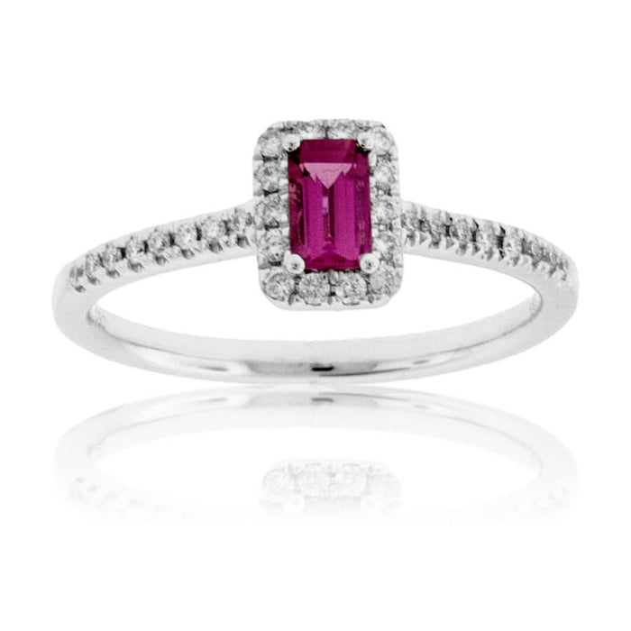 Emerald-Cut Pink Tourmaline Rubelite & Diamond Halo Ring - Park City Jewelers