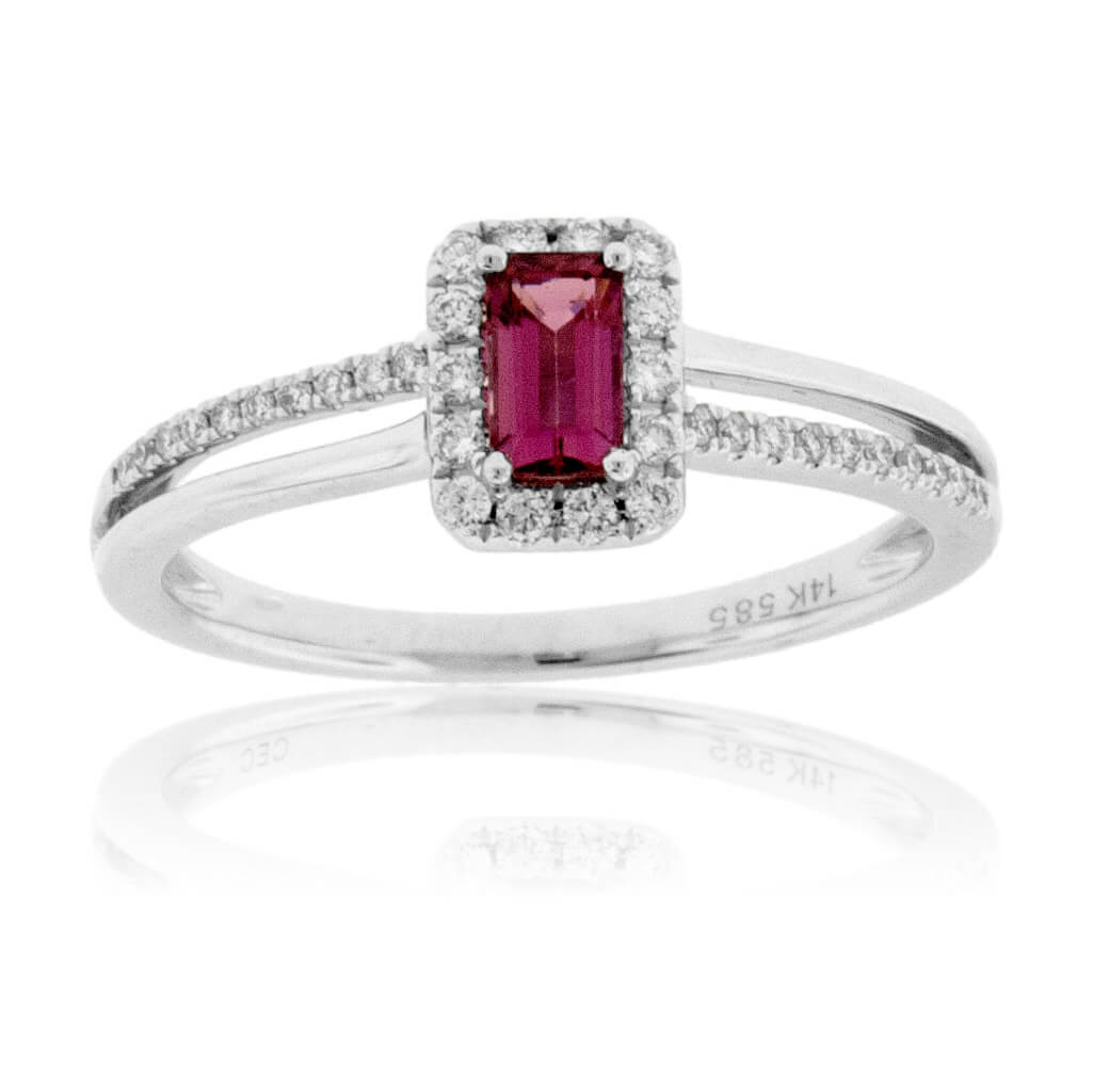 Emerald-Cut Pink Tourmaline Rubelite & Diamond Halo Ring - Park City Jewelers