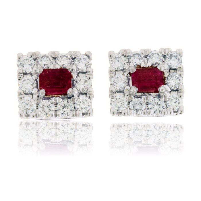 Emerald-Cut Red Emerald and Diamond Halo Square Stud Earrings - Park City Jewelers
