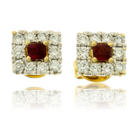 Emerald-Cut Red Emerald and Diamond Halo Square Stud Earrings - Park City Jewelers