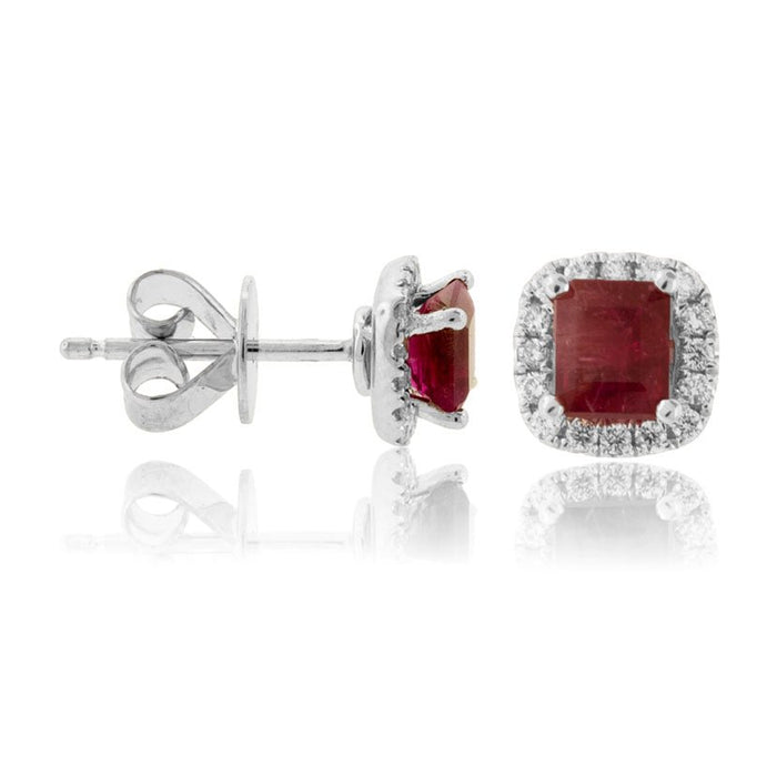Emerald-Cut Red Emerald and Diamond Halo Stud Earrings - Park City Jewelers