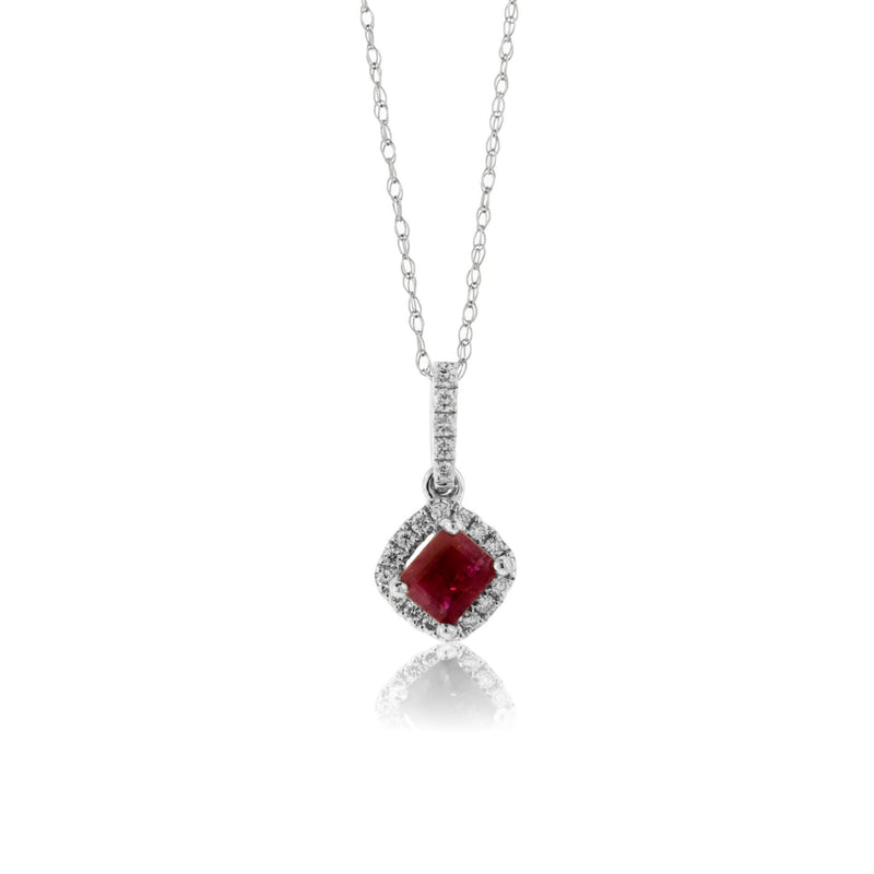 Emerald-Cut Red Emerald & Diamond Halo Drop Pendant - Park City Jewelers