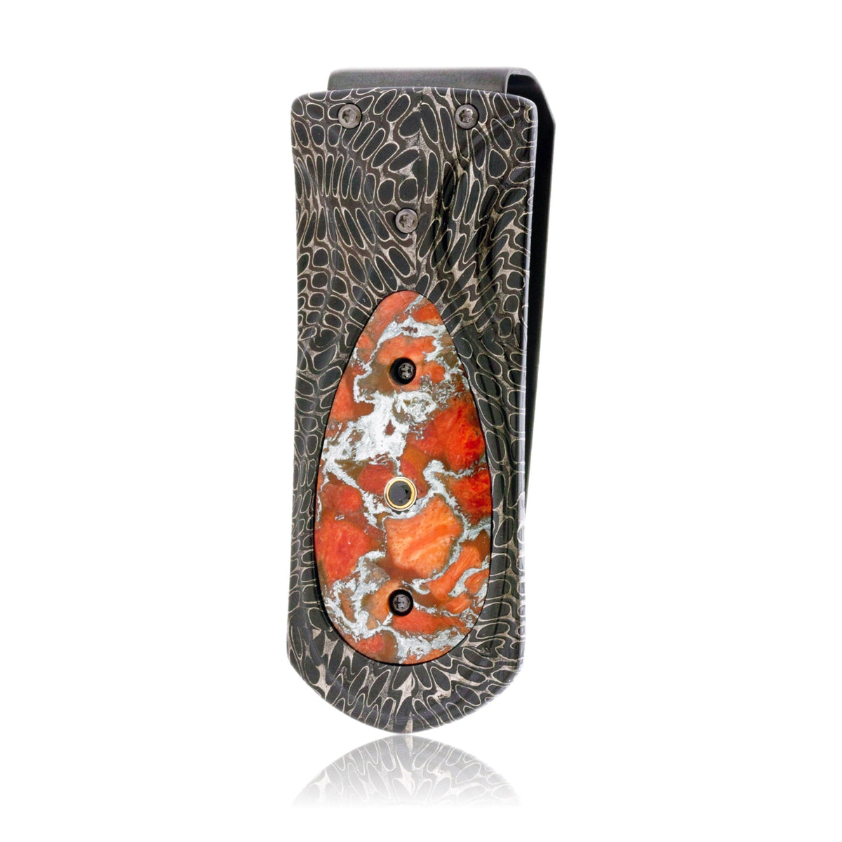 Etched Damascus & Zinc Apple Coral Money Clip with Spinel - Park City Jewelers