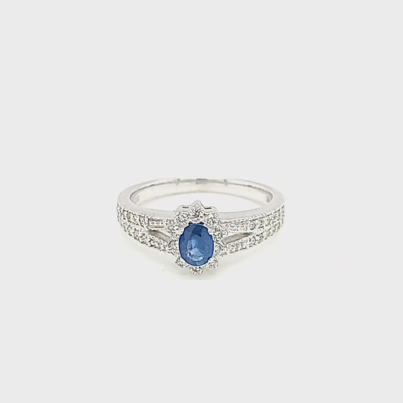 Oval Blue Sapphire & Diamond Classic Halo Split Shank Ring