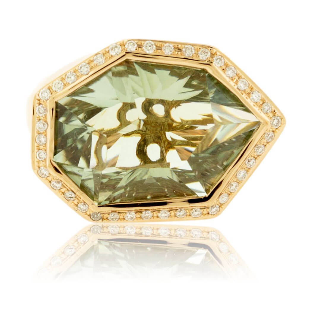 Fancy Cut Green Amethyst and Diamond Halo Ring - Park City Jewelers