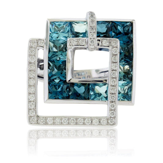 Fancy Cut London Blue Topaz with Diamond Double Square Ring - Park City Jewelers