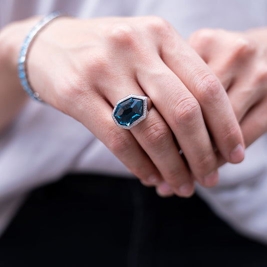 Fancy Cut London Blue Topaz with Diamond Halo Ring - Park City Jewelers
