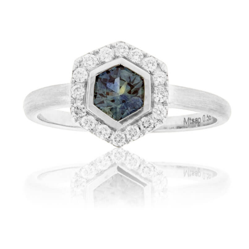 Fancy Cut Montana Sapphire & Diamond Halo Ring - Park City Jewelers
